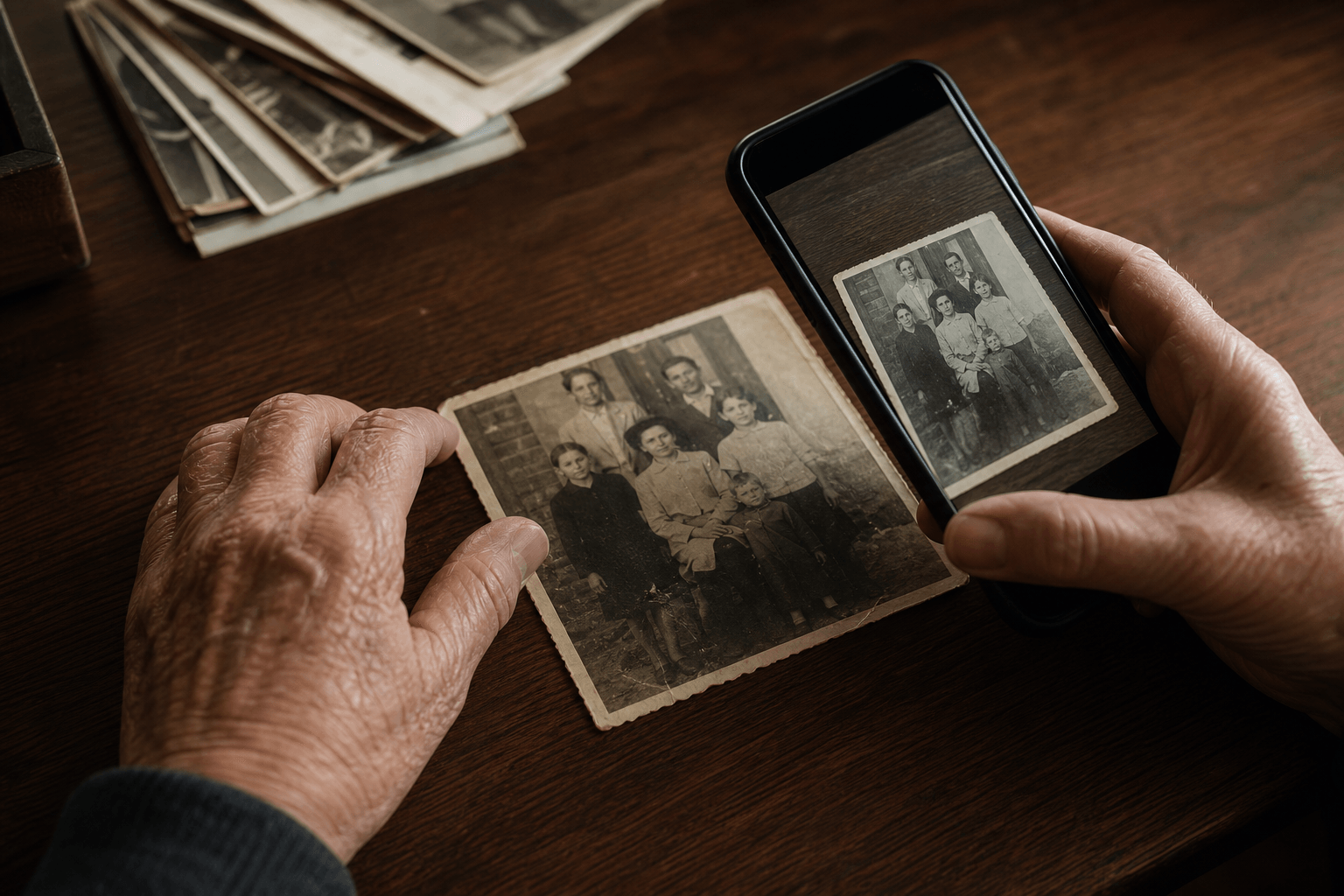 An older adult photographing a vintage family print with a phone