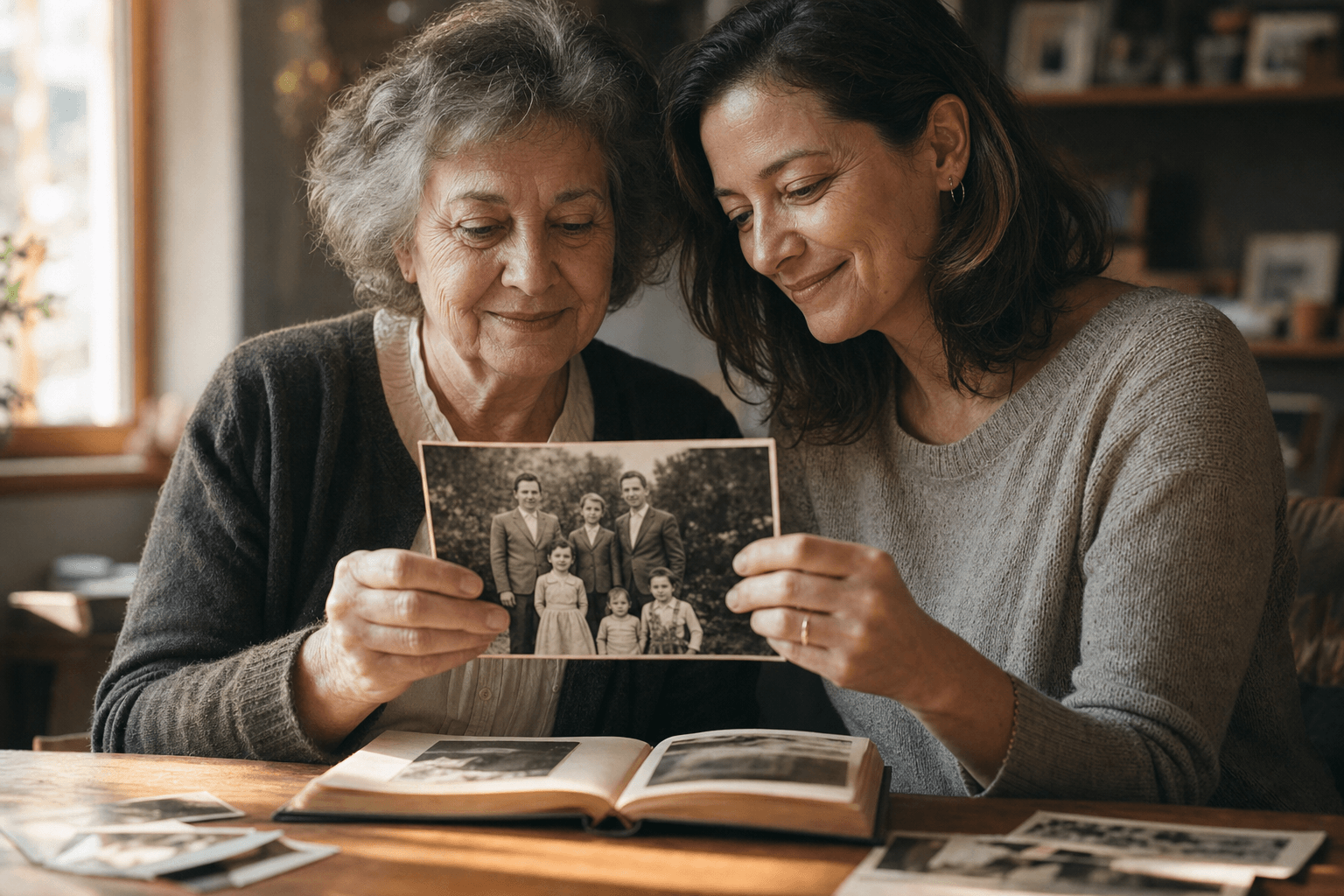 A mother and daughter sharing a restored family photograph